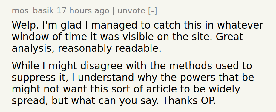 While I might disagree with the methods used to suppress it, I understand why the powers that be might not want this sort of article to be widely spread, but what can you say.