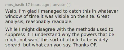 While I might disagree with the methods used to suppress it, I understand why the powers that be might not want this sort of article to be widely spread, but what can you say.